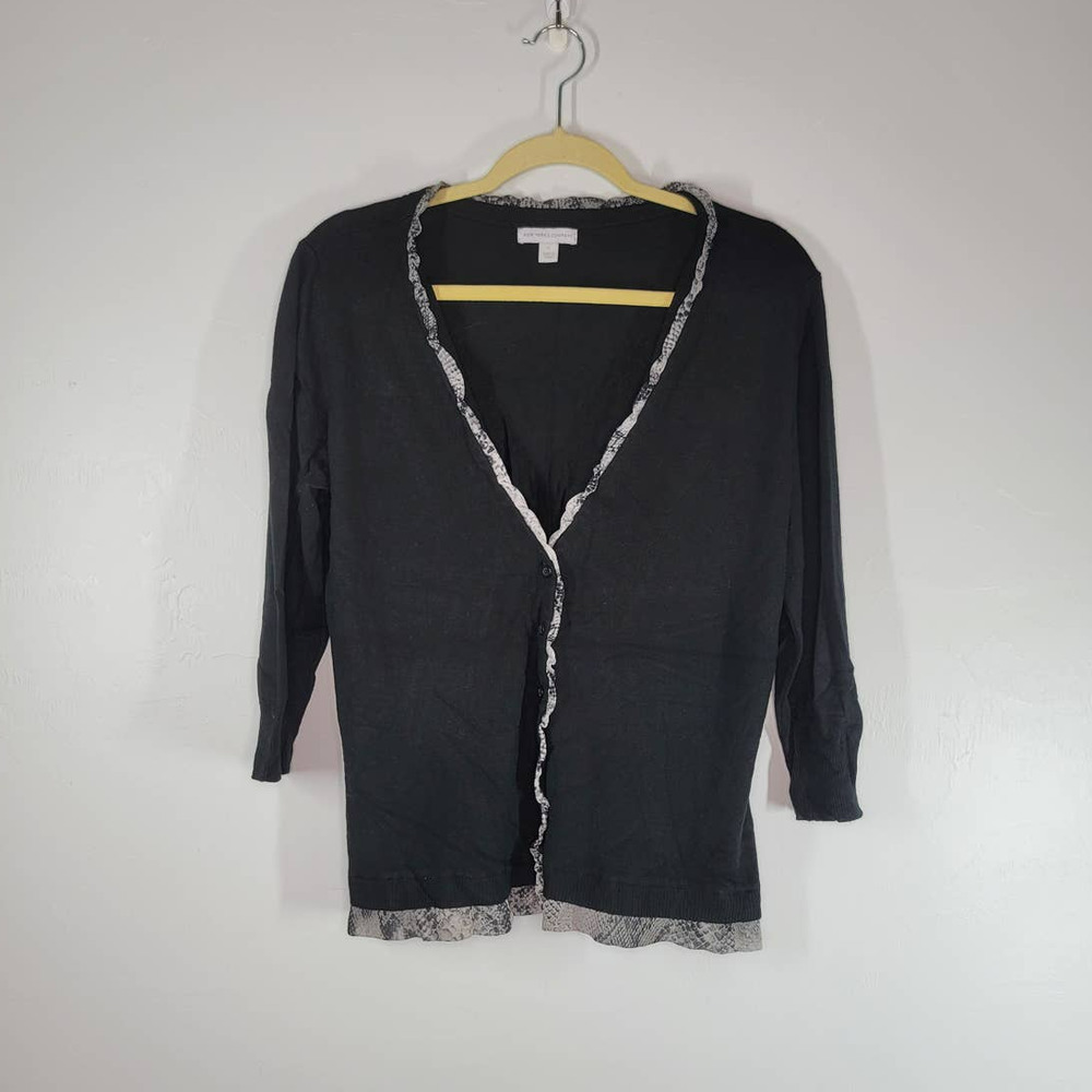 New York & Company 3/4 Sleeve Ruffle Trim Button Front Cardigan Black Size XL